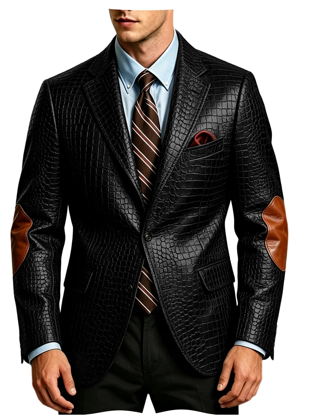 Luxury Men's Crocodile Embossed Leather Blazer Notched Lapel Elbow Patches 2 Button Slim Fit Jacket Business Casual For Wedding