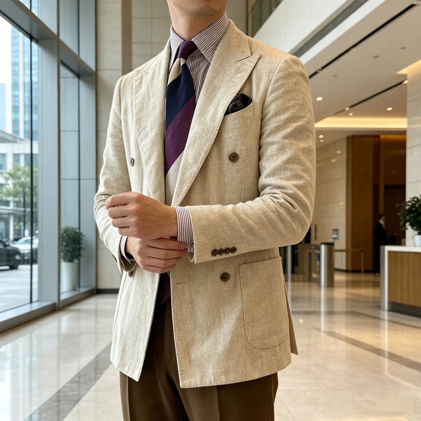 Elegant Men's Linen Blazer Double Breasted Peak Lapel Breathable Lightweight Fashion Casual Jacket Old Mmoney Aesthetic Business