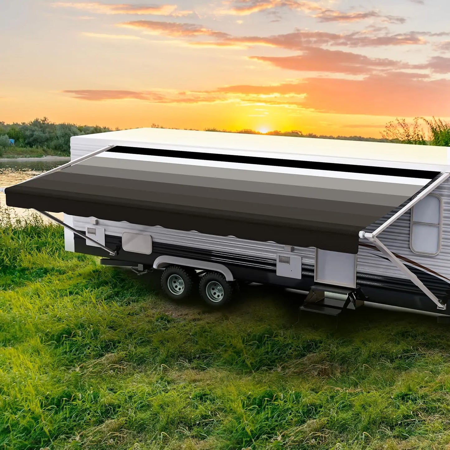 Weatherproof Vinyl RV Awning Fabric Replacement Universal Camper Trailer Canopy 17ft Fabric 16ft2in Brown, Custom