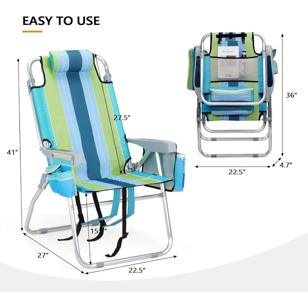Tall Beach Chair 2 Pack Lightweight, Backpack Beach Chair for Adults with 5-Position, Cooler Bag, Cup Holders, Customized