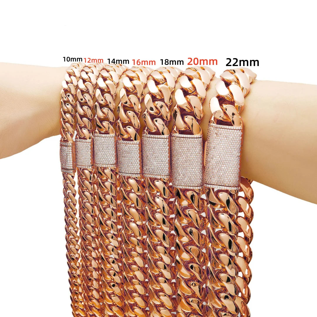 14-22mm Rose Gold  Stainless Steel Cuban Miami Link Chain Iced Out CZ Box Clasp Necklace Fashion Hip Hop Unisex Jewelry (1PC)