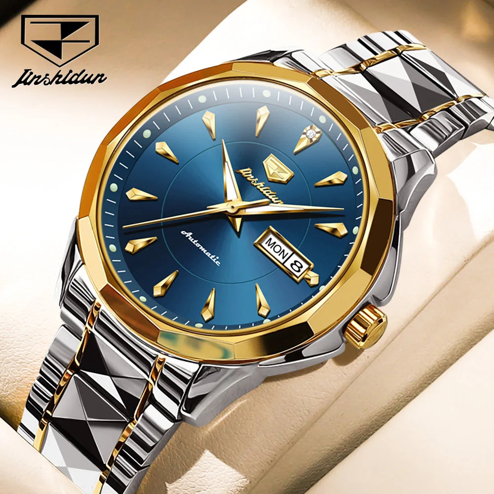 JSDUN Original Mechanical Men's Watches Waterproof Stainless steel Band Gold Wristwatches Date Automatic Watch For Men Genuine