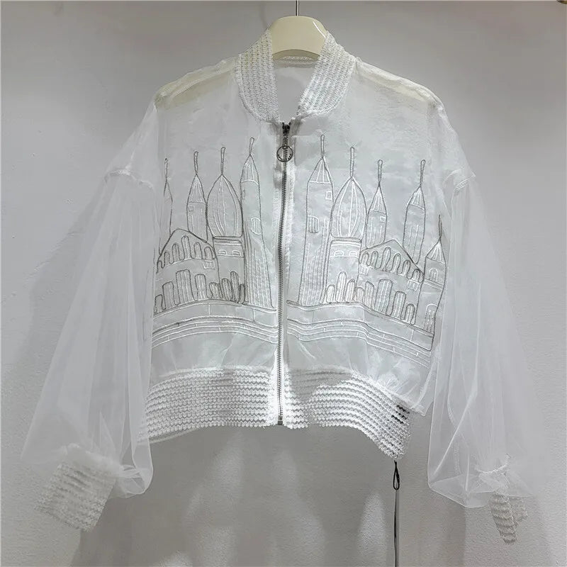 DEAT Women's Coat Stand Collar Zipper Casual Embroidery Perspective Lightweight Mesh Jackets 2026 Summer New Fashion 29A7383