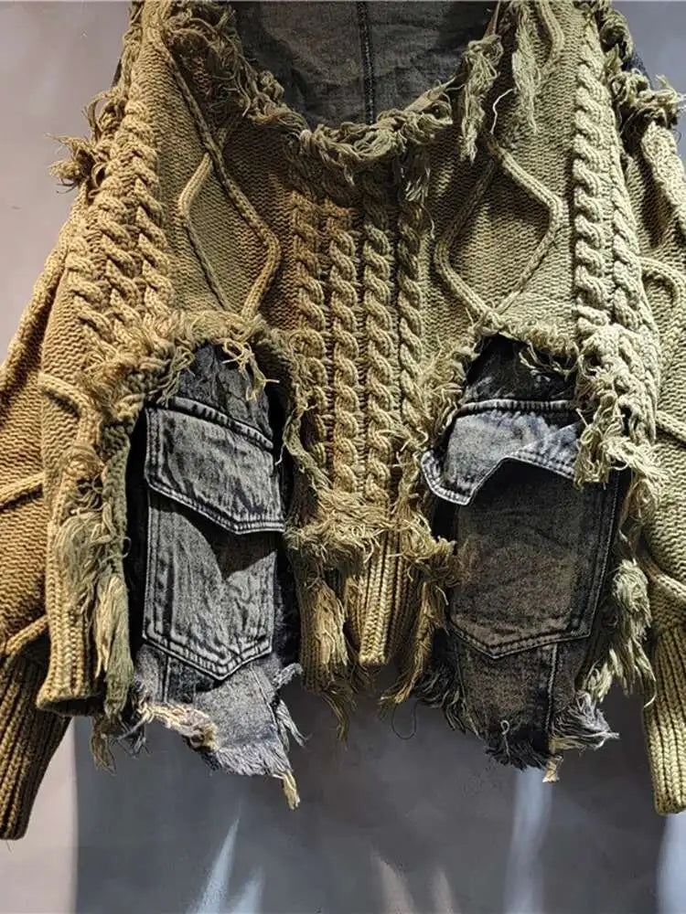 DEAT Women Pullover Long Sleeve Irregular Do Old Patchwork Pockets Vintage Washed Denim Sweater 2026 Summer New Fashion 29L8195