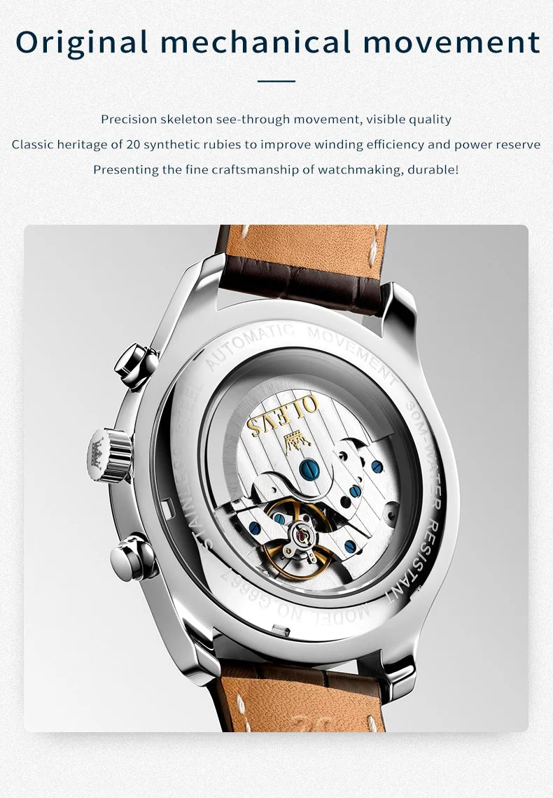 OLEVS Original Men's Automatic Wristwatch Moon Phase Calendar Waterproof Stainless Steel Leather Strap Mechanical Watch for Men