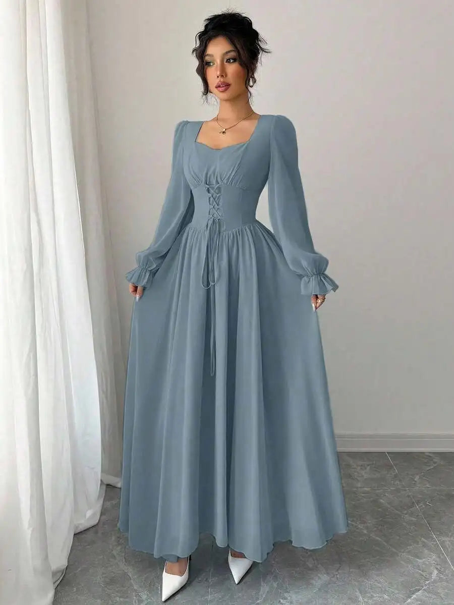 Elegant Blue Long Sleeve Maxi Dress with Corset Lace-Up Waist, Square Neck, Ruffled Cuffs for Spring Summer Events