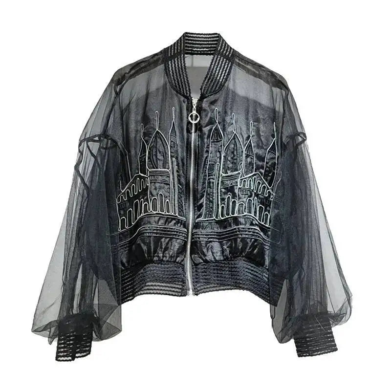DEAT Women's Coat Stand Collar Zipper Casual Embroidery Perspective Lightweight Mesh Jackets 2026 Summer New Fashion 29A7383