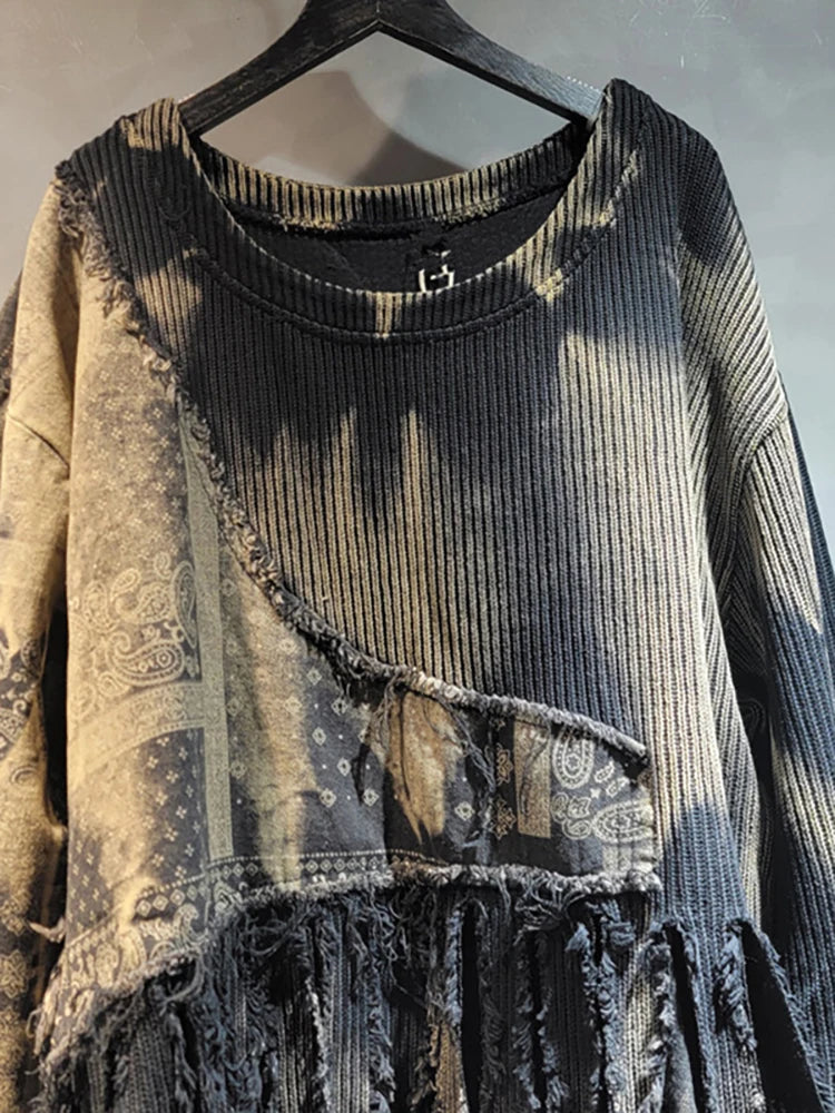 DEAT Women Pullover Knitted Distressed Tie-dye Printed Black Vintage Tassel Long Sleeve Sweater Summer 2026 New Fashion 11A0969