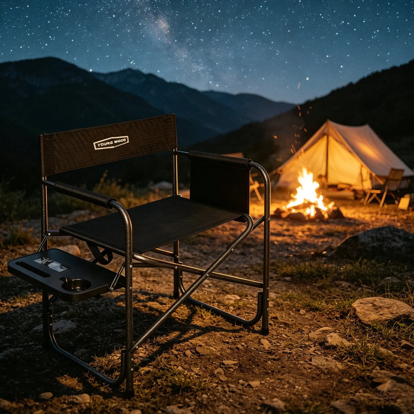 Heavy Duty Camping Folding Director Chair, Portable Outdoor Chair with Side Table, Cup Holder & Storage Pocket, Camping, Fishing, Patio, Picnic