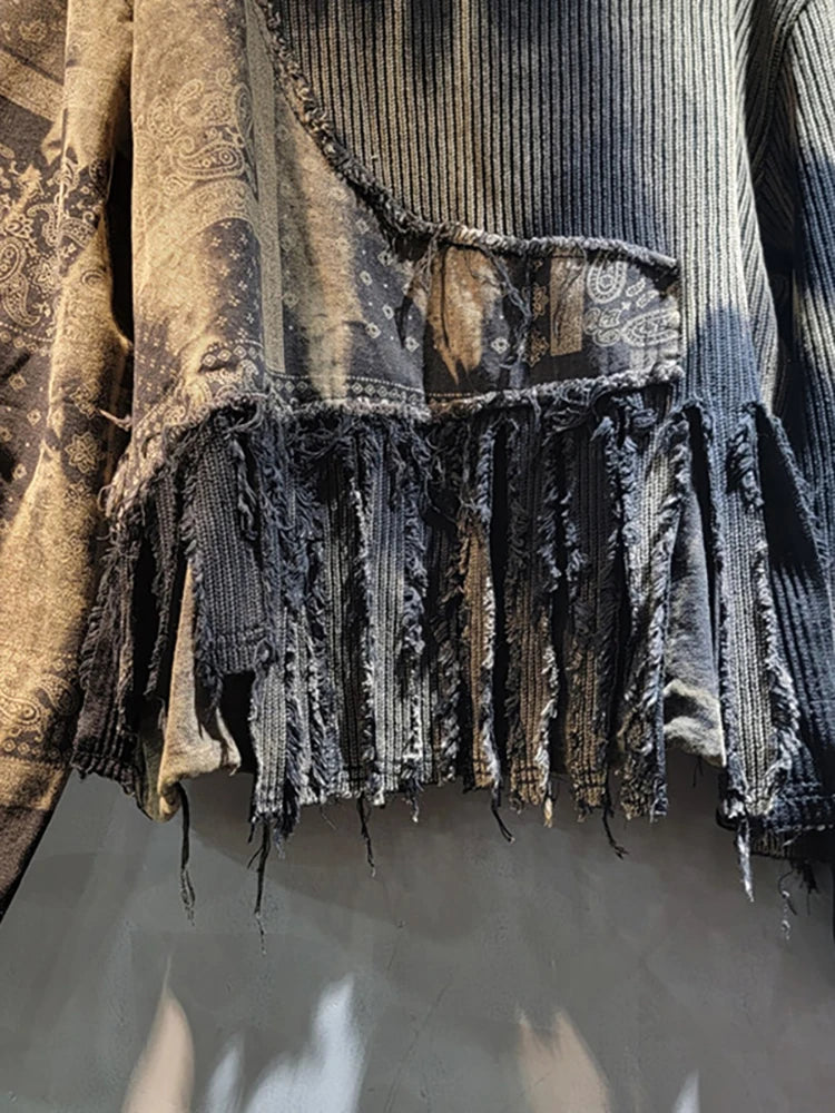 DEAT Women Pullover Knitted Distressed Tie-dye Printed Black Vintage Tassel Long Sleeve Sweater Summer 2026 New Fashion 11A0969
