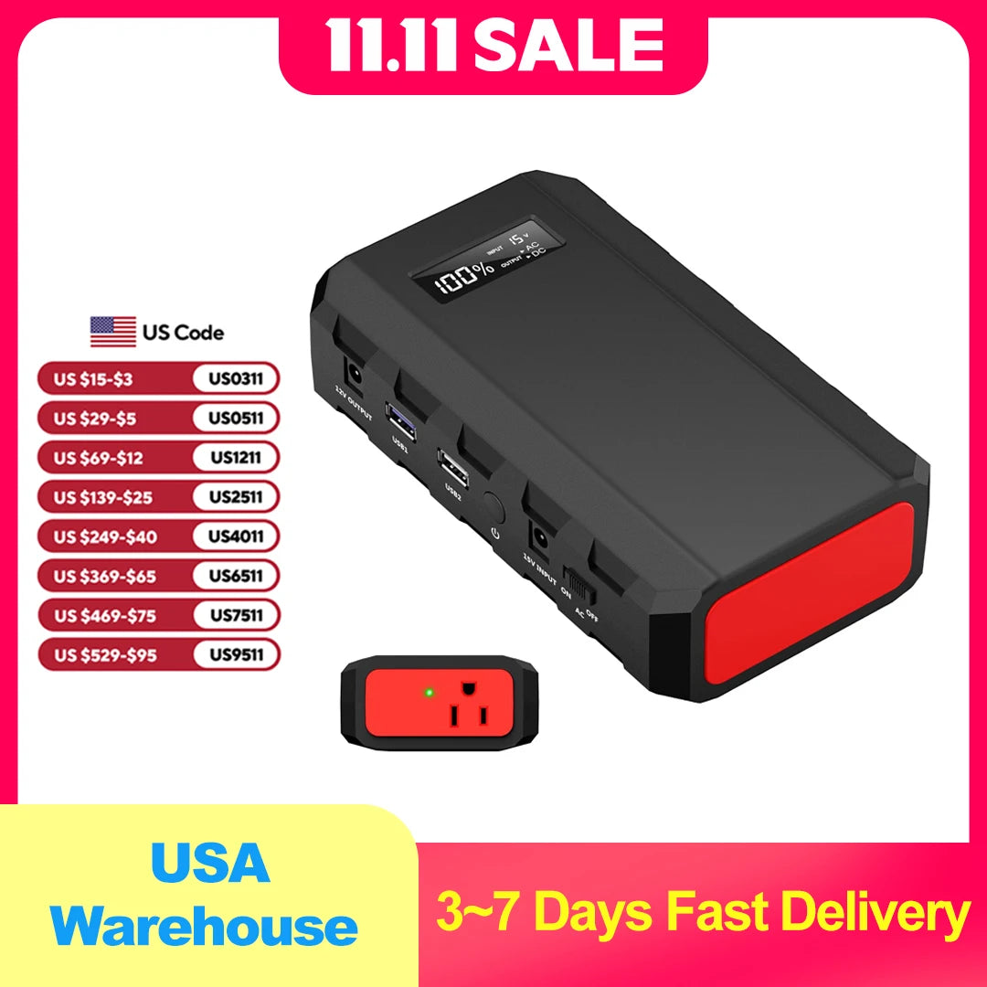 Powkey 88Wh Portable Power Station 24000mAh110V/65W Power Bank Battery Charger AC, DC, USB QC3.0 for Home Camping Emergency Back