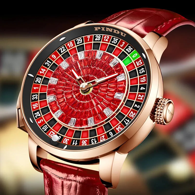 Fashion Business Noble Red PINDU Top Men's Mechanical Watch NH35A Push Button Gambling Table Roulette Game Watch Sapphire Watch