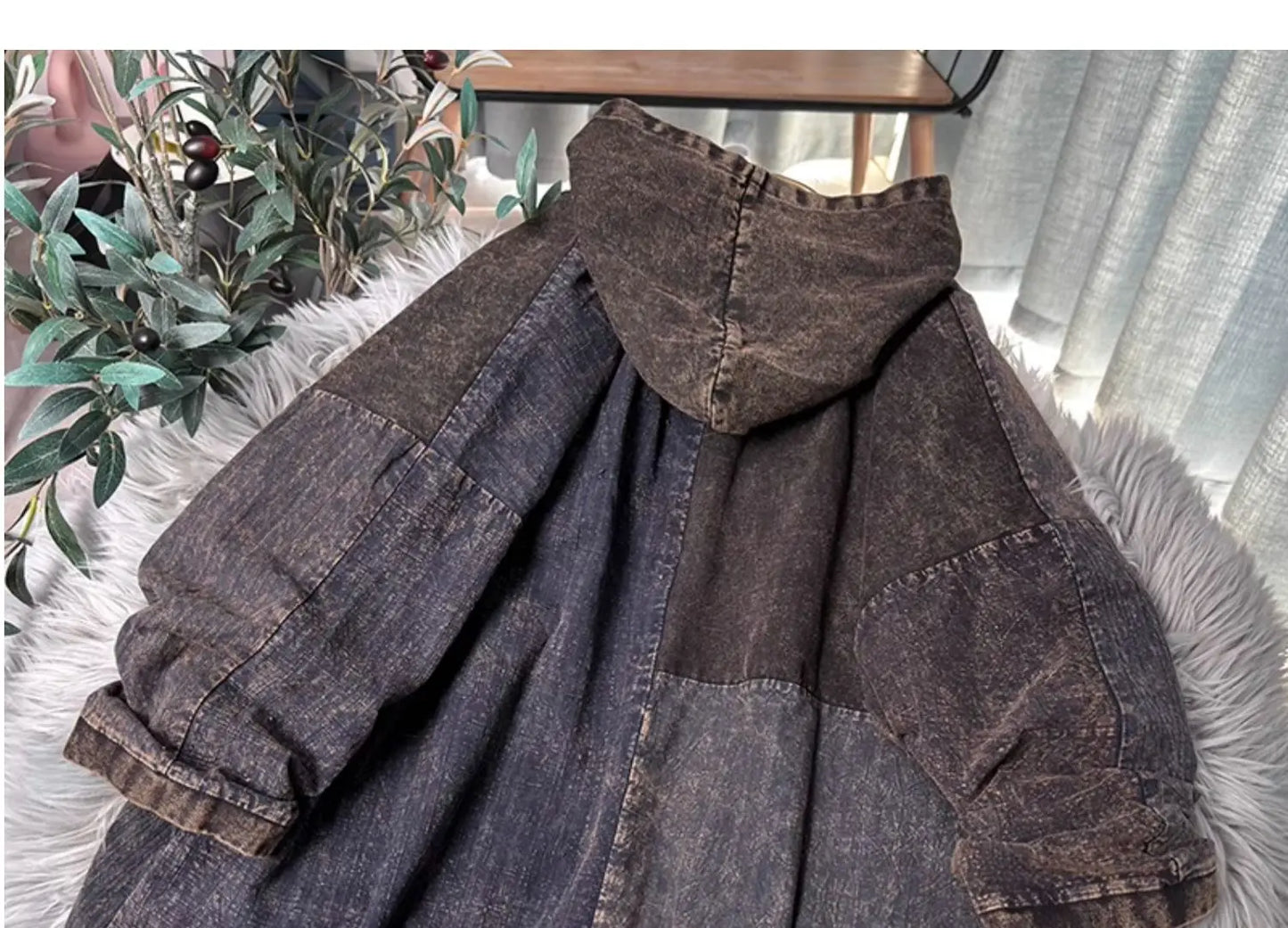 Chinese Style Personalized Old Fabric Denim Patchwork Hooded Vintage Loose Long Sleeved Dress Women Spring Autumn MCP008