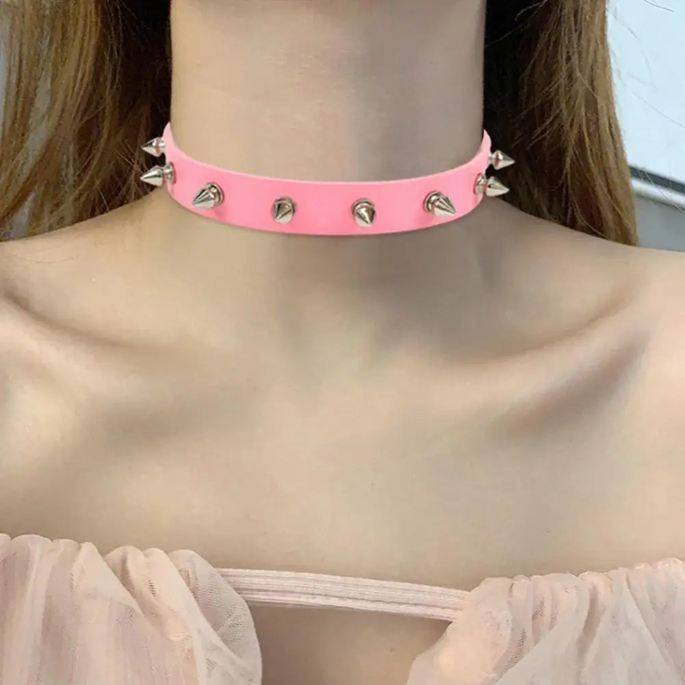 Pink/Black PU Riveted Necklaces For Women Girls, Adjustable Punk Gothic Spike Biker Choker Collar Necklace, Goth Jewelry Gifts