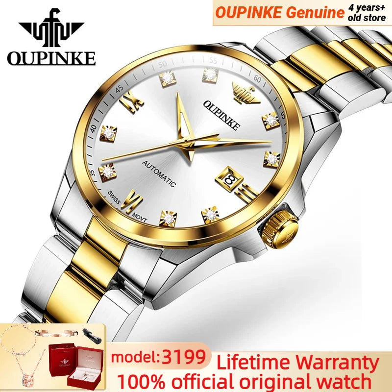 Original OUPINKE 3199 Swiss Automatic Mechanical Watch for Women Real Diamond Sapphire Mirror Ladies Watch Bracelet Set Gift NEW