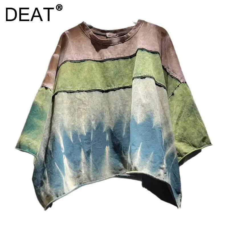 DEAT Women's T-shirt Loose Patchwork Color Blocking O-neck Tie Dye Do Old Long Sleeve Tees Summer 2026 New Fashion 29A7298