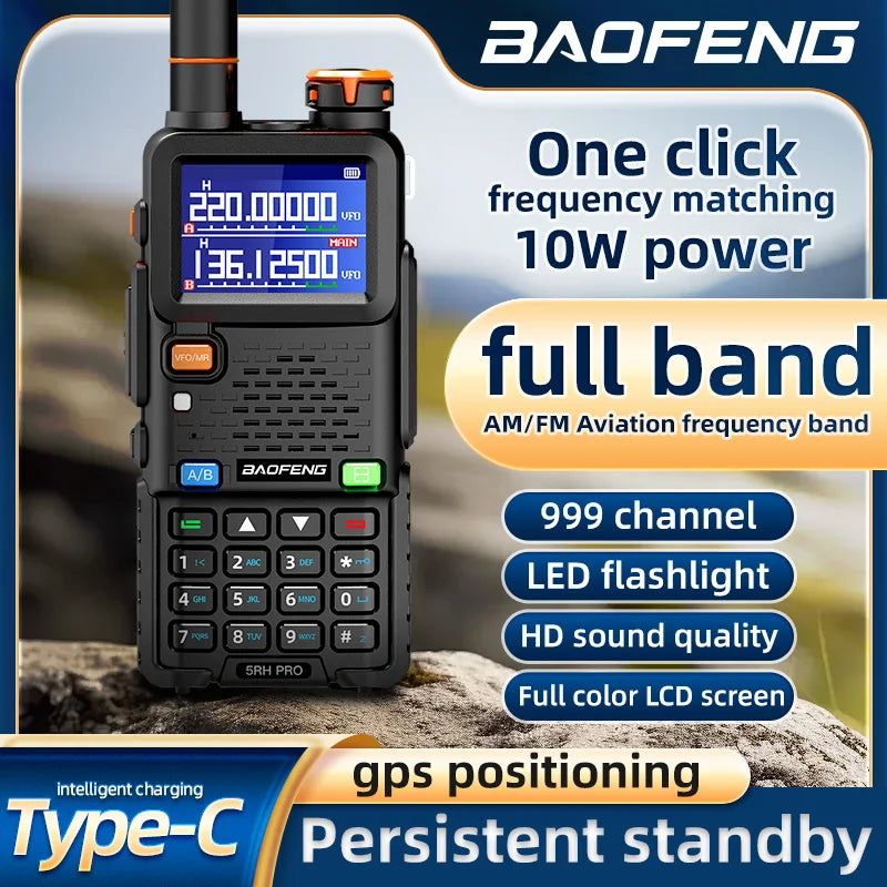 BAOFENG 5RH Pro GPS Handheld Radio Multi-Band USB-C Charging Radio Copy Frequency 640 Channels Walkie Talkie 10W High Power APRS