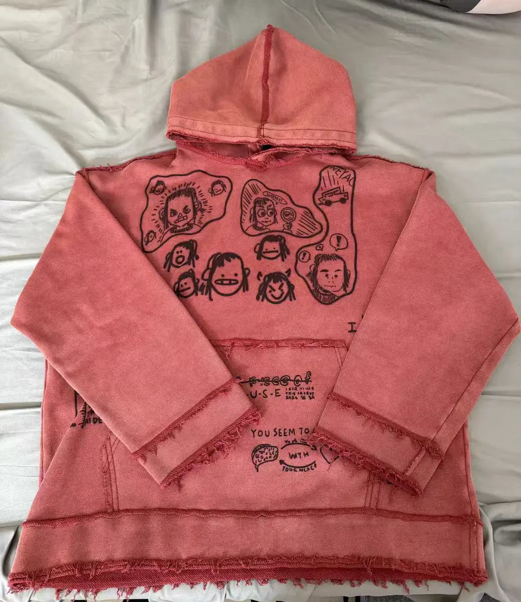 Men High Street Oversized Hip Hop Hoodies Streetwear Washed Vintage Sweatshirt Retro Printed Loose Fit Y2K Hooded Pullover Tops