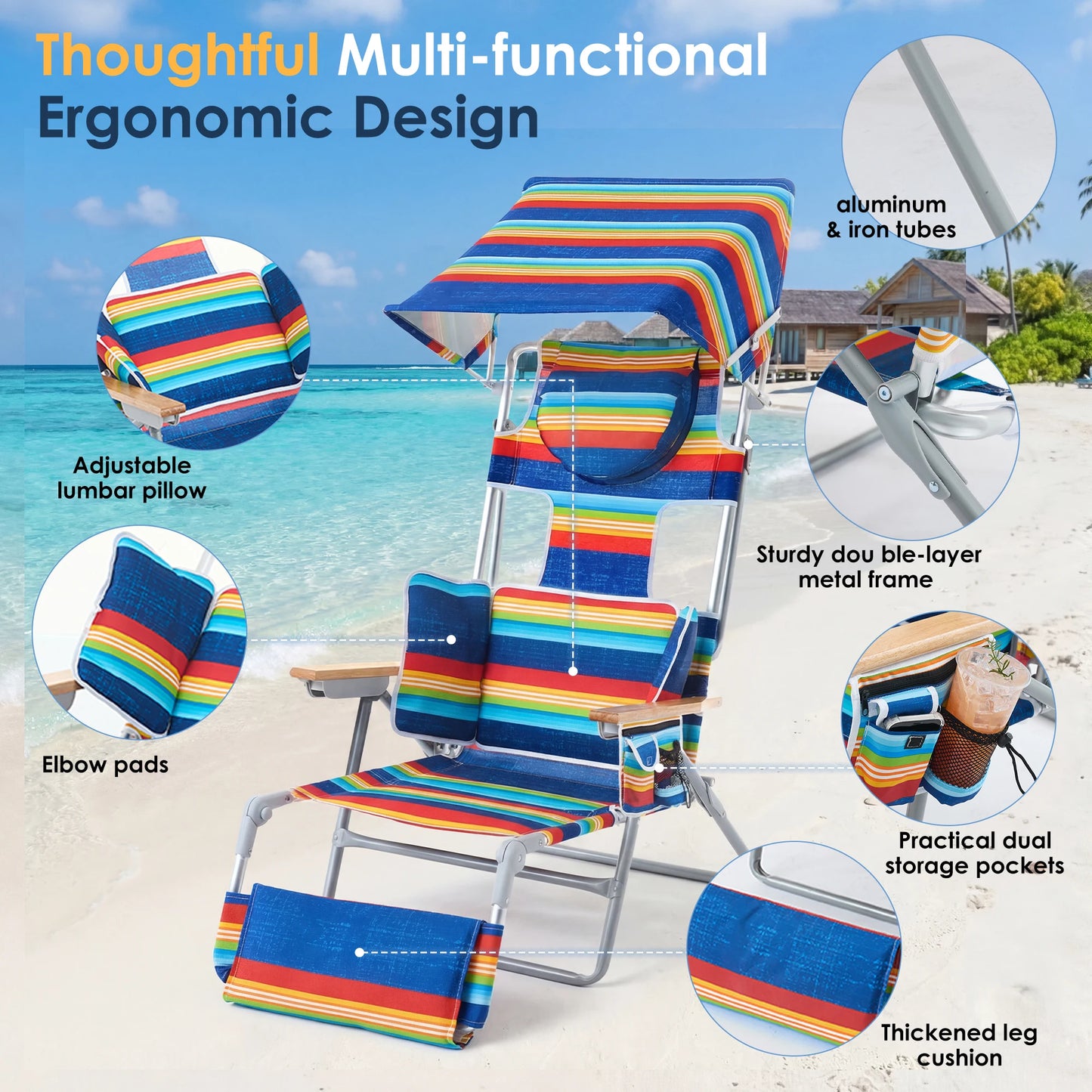 TCGBKAF Backpack Beach Chair with 5-Position Footrest Sunbathing Lounge Chair with Canopy for Pool&Beach&Lawn Double Shoulder Straps Folding Tanning Chair with Face&Arm Hole
