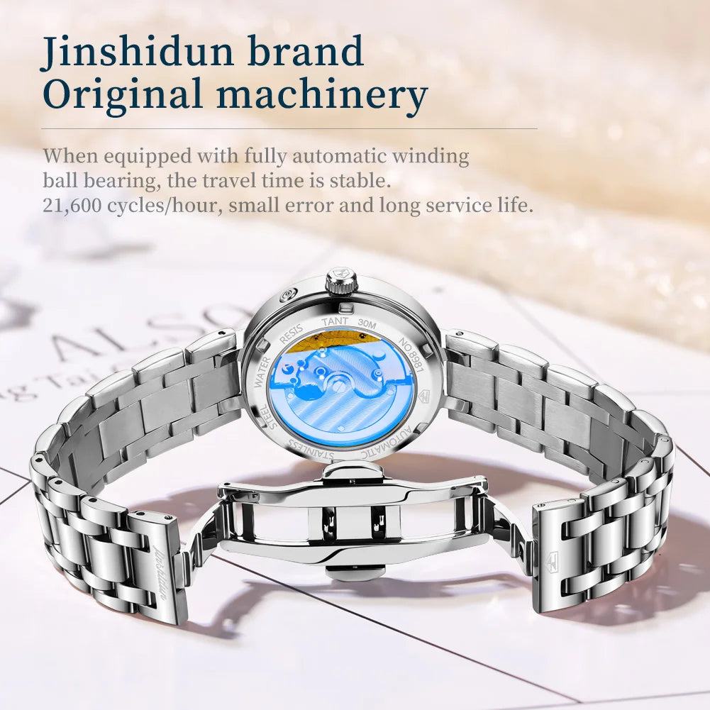 JSDUN 8981 Luxury Elegant Women's Mechanical Watch Classic Waterproof Roman Scale Automatic Women Moonphase Watch Dress Watch