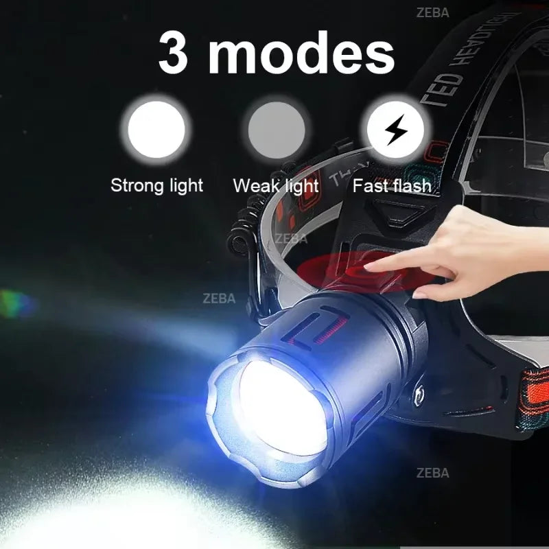 2026 Super Bright LED Headlamp Powerful  3*18650 Battery Rechargeable Projector Head Light Fishing Camping Zoom Head Lanterns