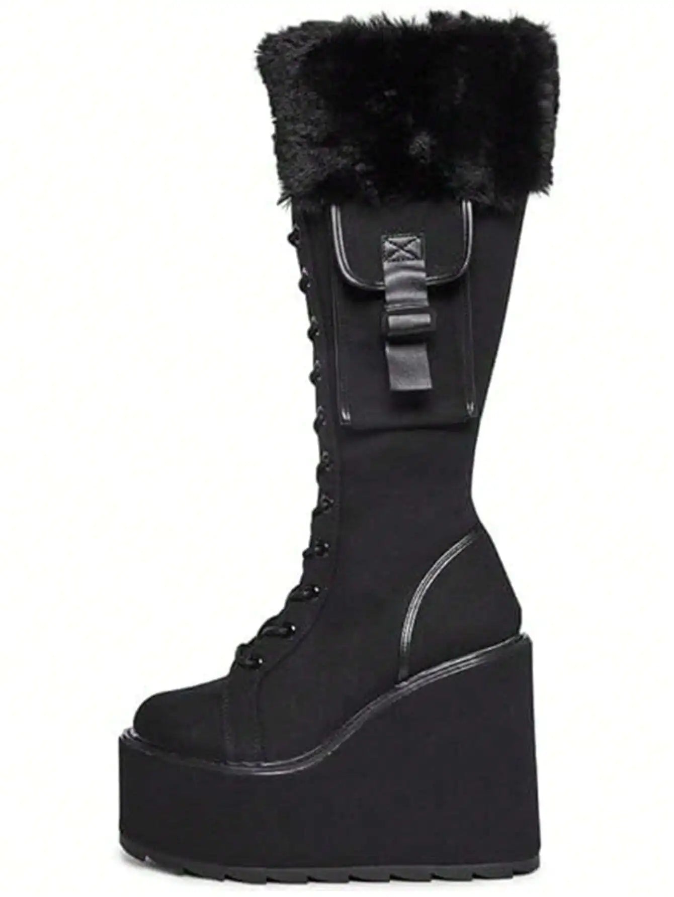 Punk Gothic Women Combat Boots Chunky Wedges Heel Fur Mid Calf Platform Luxury Winter Halloween Shoes Woman
