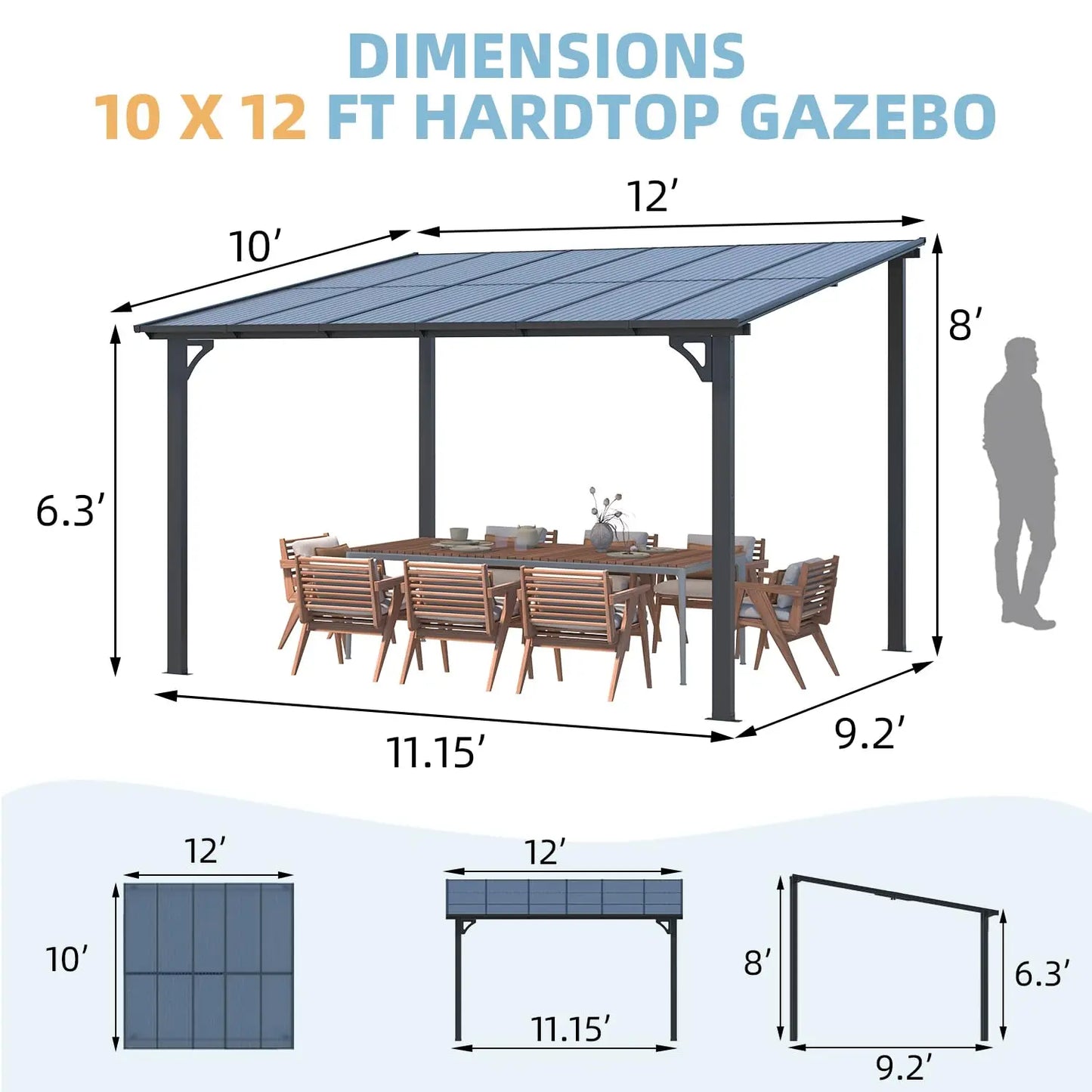 Wall Gazebo12’ x 10’, Hard Top Gazebos Pergola on Clearance, Outdoor Patio Lean to Gazebo Canopy Awnings for Deck,, Customized