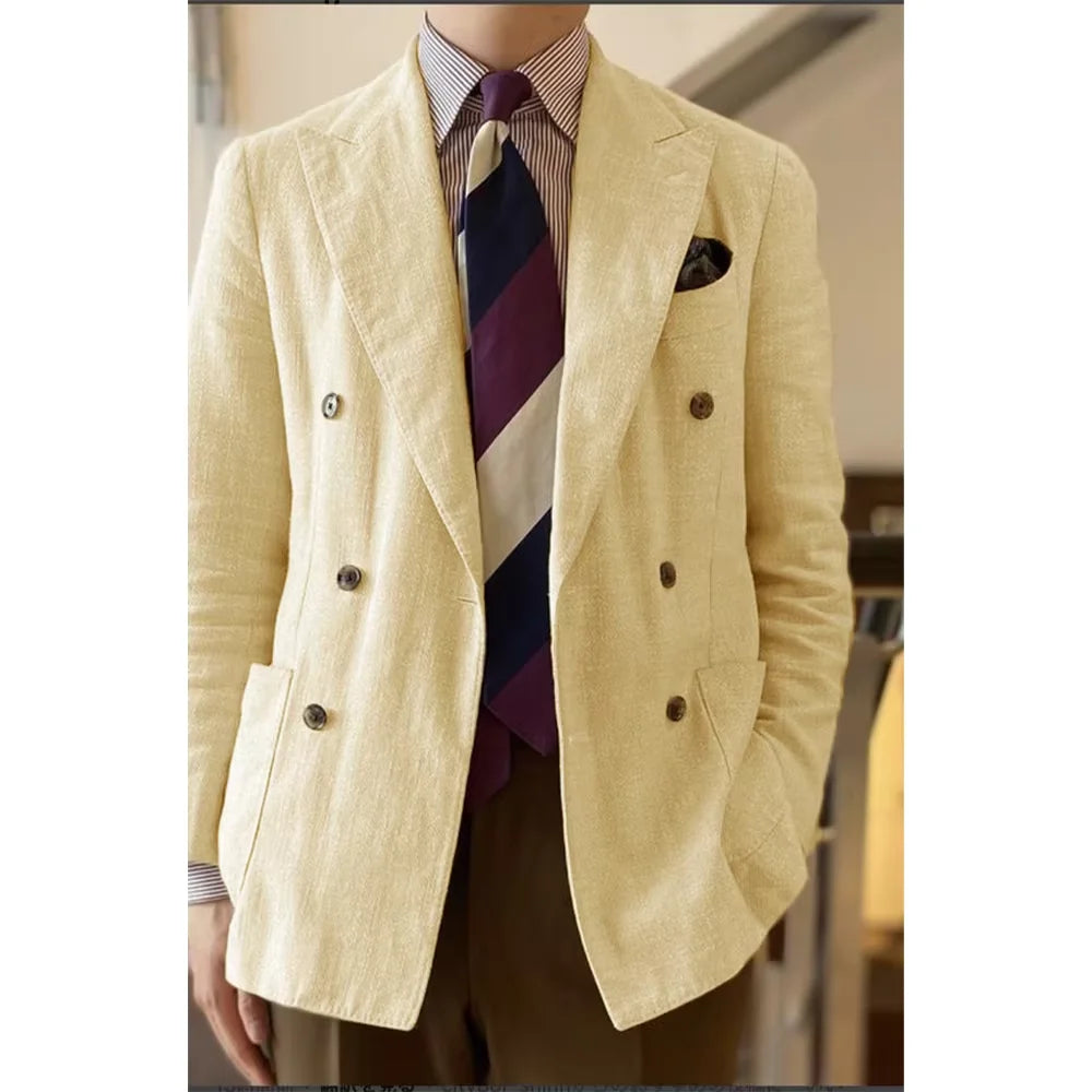 Elegant Men's Linen Blazer Double Breasted Peak Lapel Breathable Lightweight Fashion Casual Jacket Old Mmoney Aesthetic Business