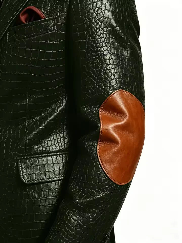 Luxury Men's Crocodile Embossed Leather Blazer Notched Lapel Elbow Patches 2 Button Slim Fit Jacket Business Casual For Wedding