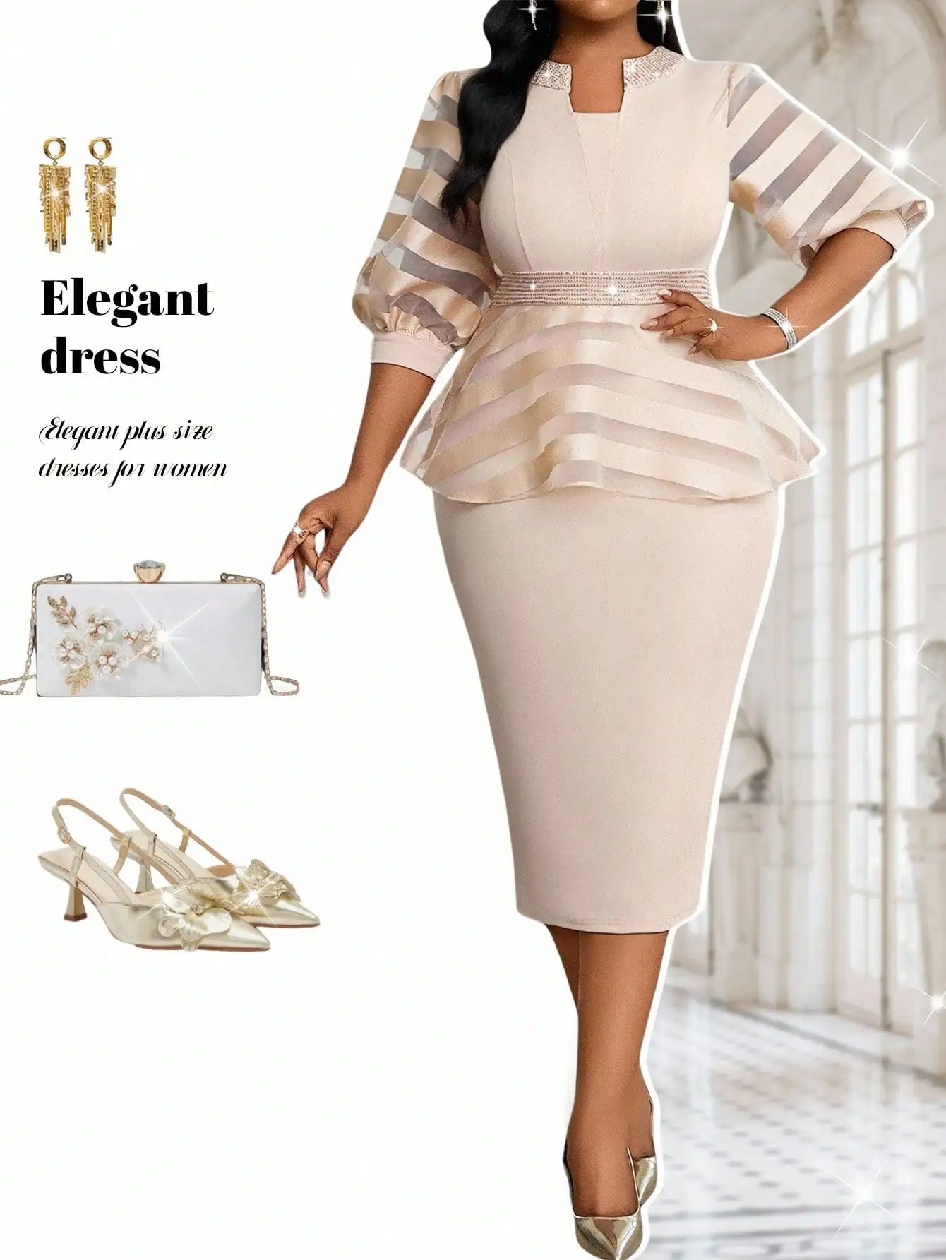 Elegant Plus Size Office Dress With Peplum Waist And Mesh Sleeves