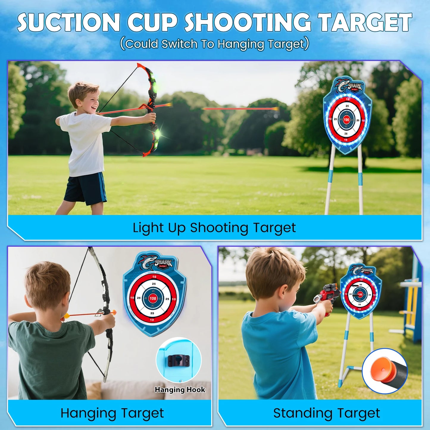 VATOS Night-Light Bow Arrow Guns Toy For Kids Archery Stand Target Board Indoor Outdoor Game Toys Boys Girls
