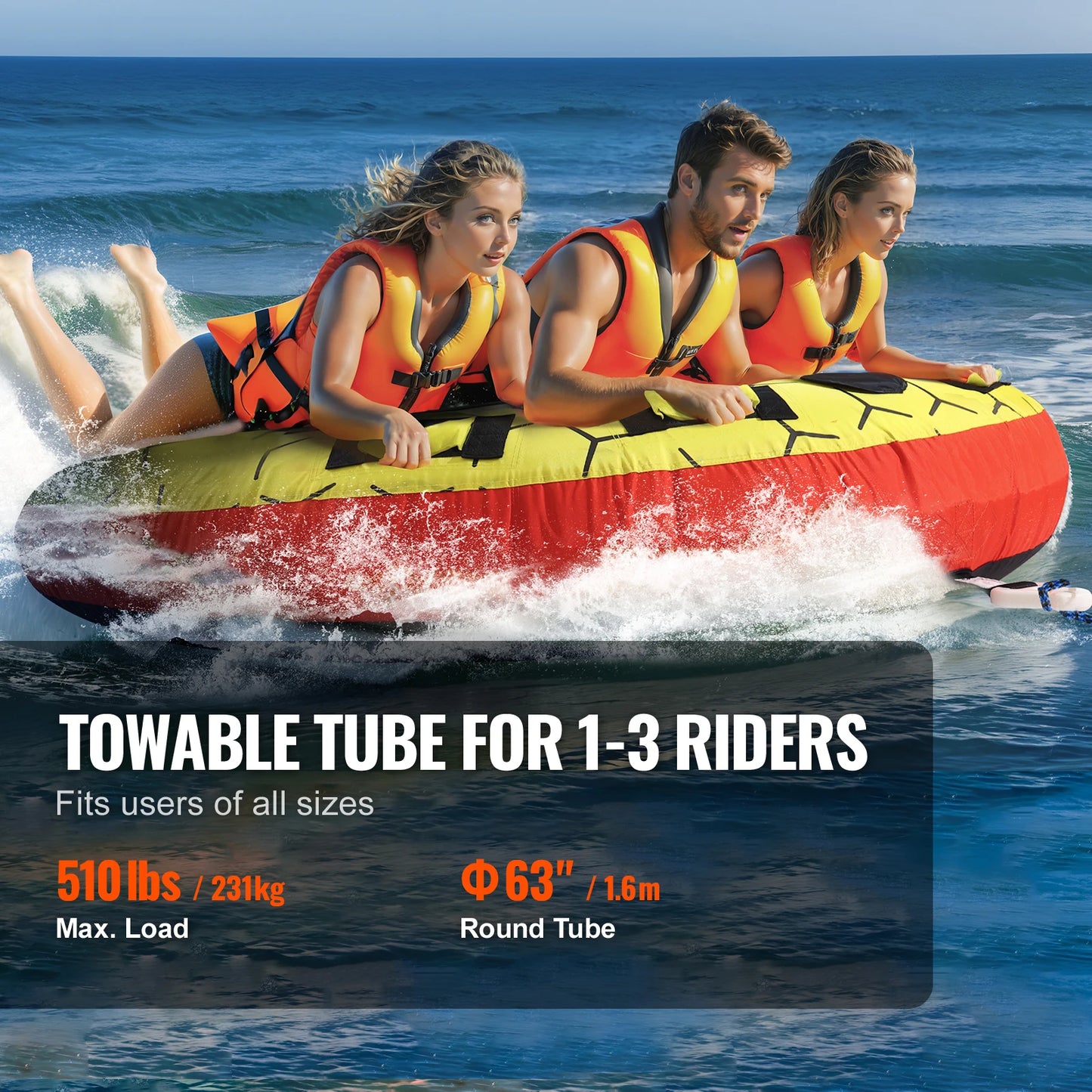SucceBuy Towable Tube for Boating 1-3 People Inflatable Boat Tubes&Towables 63" Round Water Sport Towable Tube for Boat to Pull