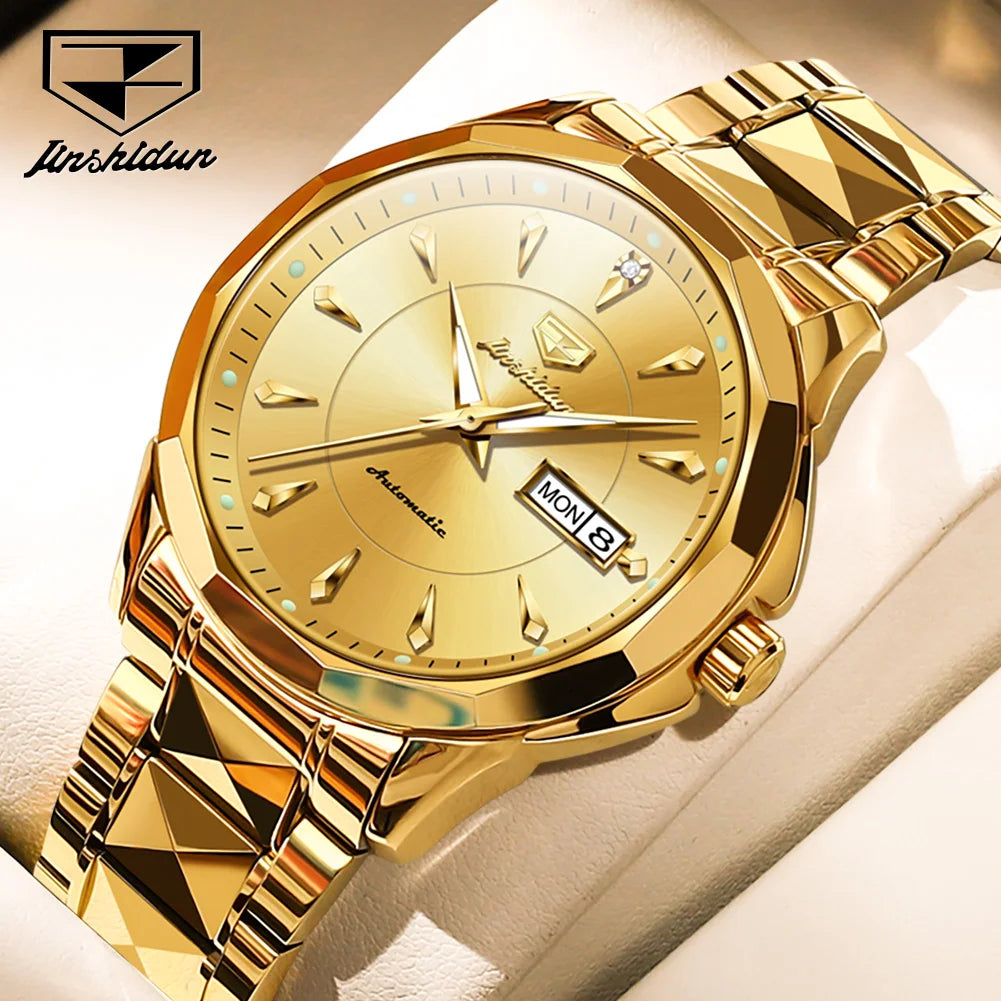 JSDUN Original Mechanical Men's Watches Waterproof Stainless steel Band Gold Wristwatches Date Automatic Watch For Men Genuine