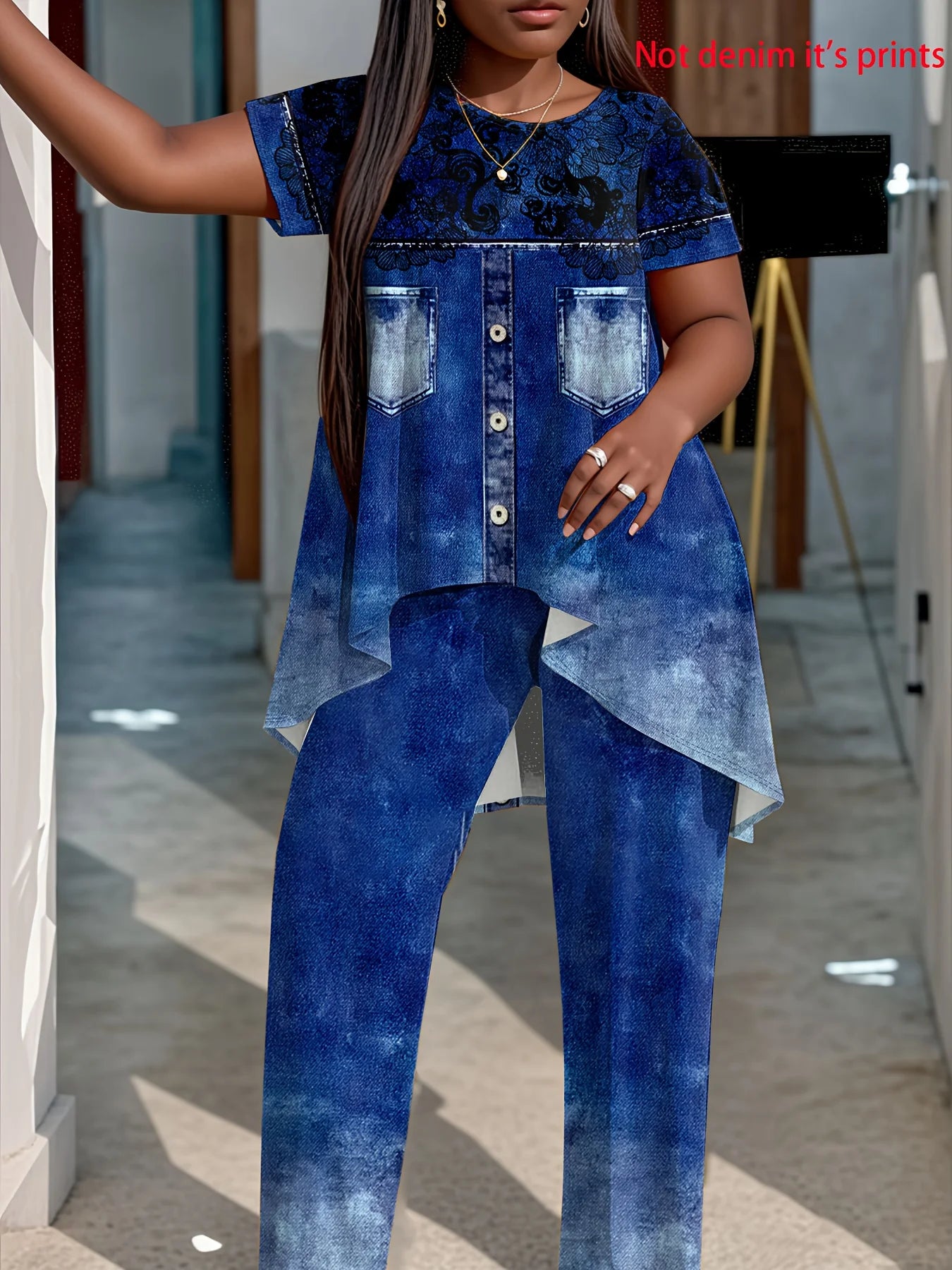 Plus size American fashion faux denim print short front long back suit - short sleeve crew neck top with asymmetrical hem and st