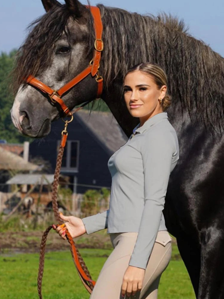 MXLLINA Burgundy Horse Riding T-Shirts Women Soft Equestrian Long Sleeve Tops Ladies Rider Show Base Layer T-shirt Wear Clothing