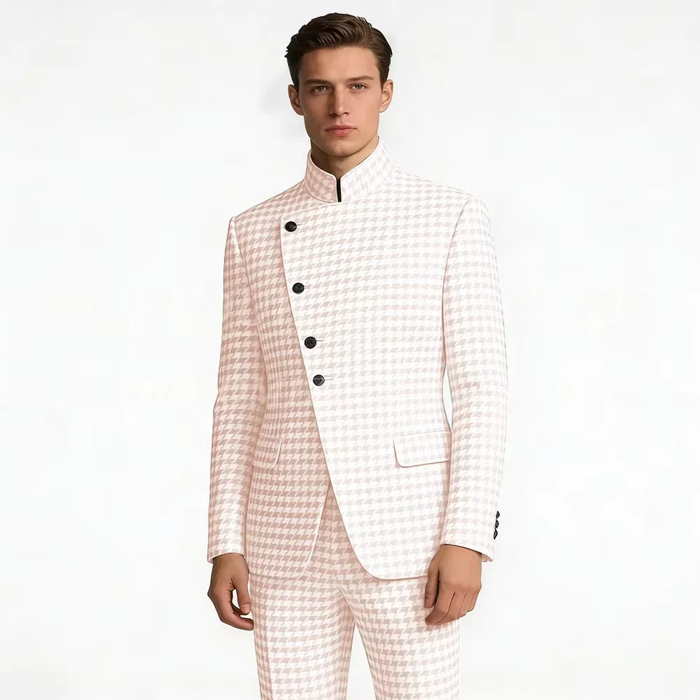 Elegant Men's Houndstooth Suit 2 Piece Mandarin Collar Slim Fit Fashion Jacket Pants Vintage Male Set For Formal Business Weddin