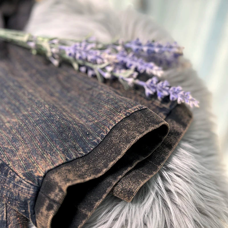 Chinese Style Personalized Old Fabric Denim Patchwork Hooded Vintage Loose Long Sleeved Dress Women Spring Autumn MCP008