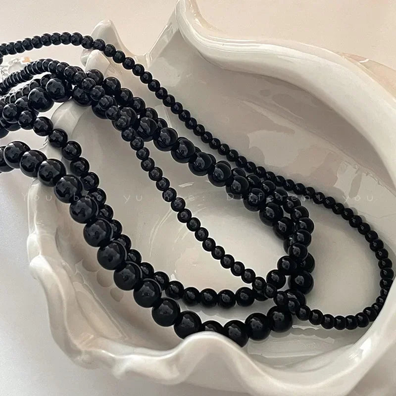 Fashion Punk Smooth Black Round Beads String Necklace for Women Men Unisex Acrylic Beads Choker Jewelry on The Neck Collar Gift
