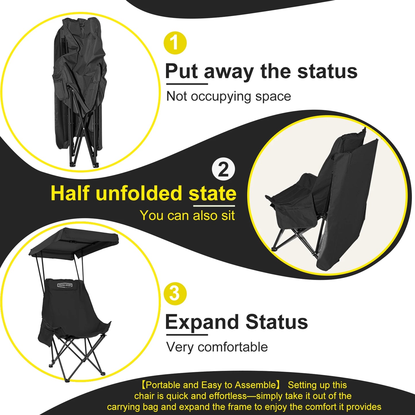 YOUNG WOOD Portable Camping Chair Beach Chair With Shade Canopy, Fold Lightweight Oversized For All, Easy To Open And Close