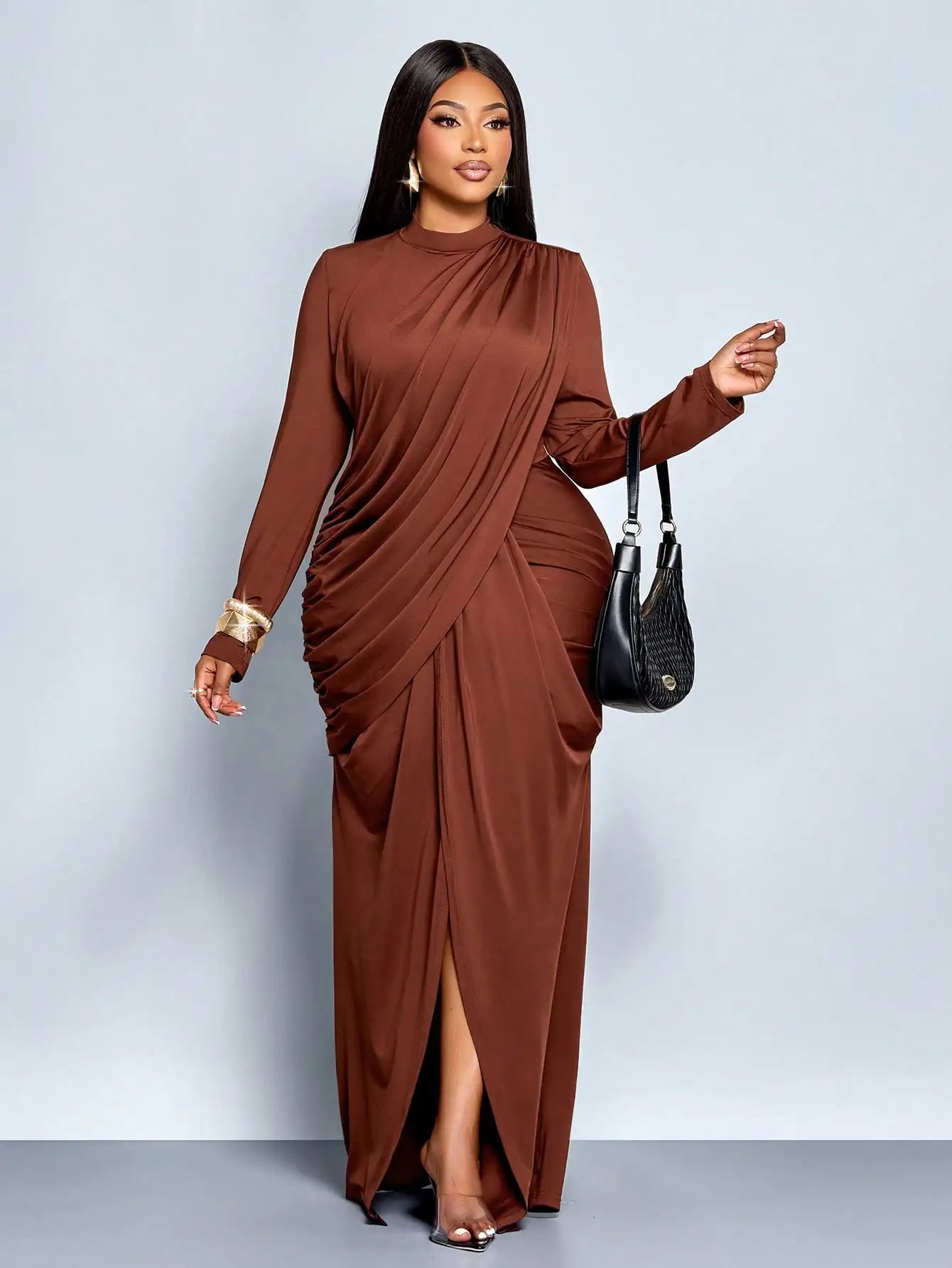 Plus Size Long Sleeve Maxi Dress with High Slit and Draped Detail, Burgundy Formal Evening Gown for Parties or Graduation