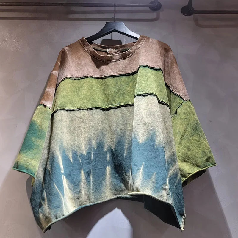 DEAT Women's T-shirt Loose Patchwork Color Blocking O-neck Tie Dye Do Old Long Sleeve Tees Summer 2026 New Fashion 29A7298