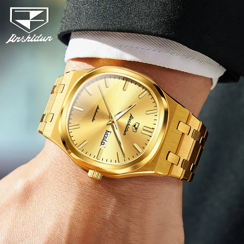 JSDUN 8966 Full Gold Watch for Men Automatic Mechanical Dual Calendar Display Waterproof Night light Man Wristwatch
