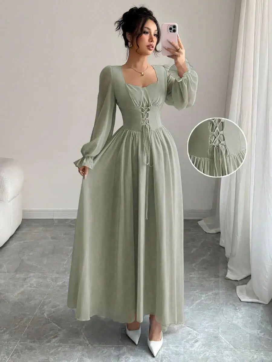 Elegant Blue Long Sleeve Maxi Dress with Corset Lace-Up Waist, Square Neck, Ruffled Cuffs for Spring Summer Events