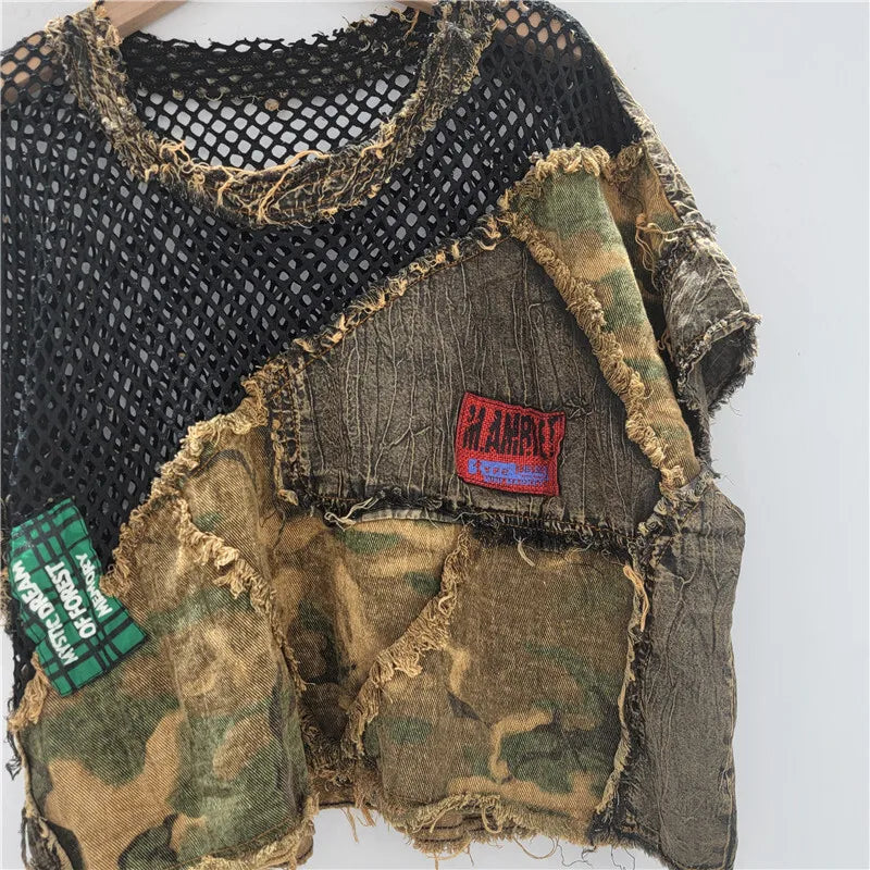 DEAT Women's T-shirt Loose Patchwork Asymmetric Camouflage Mesh Short Sleeve Do Old Tops Summer 2026 New Fashion 29A1930