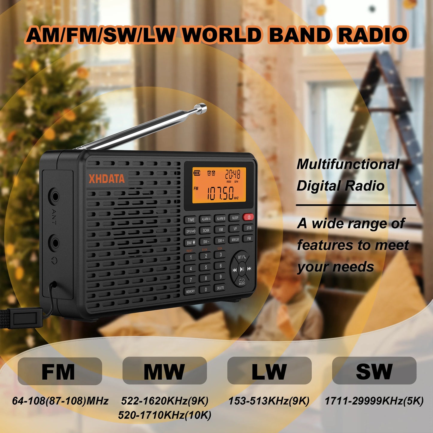 XHDATA D109 World Band Radio DSP AM FM SW LW Receiver Portable Bluetooth Speaker MP3 Player with TF Card Support Alarm Clock