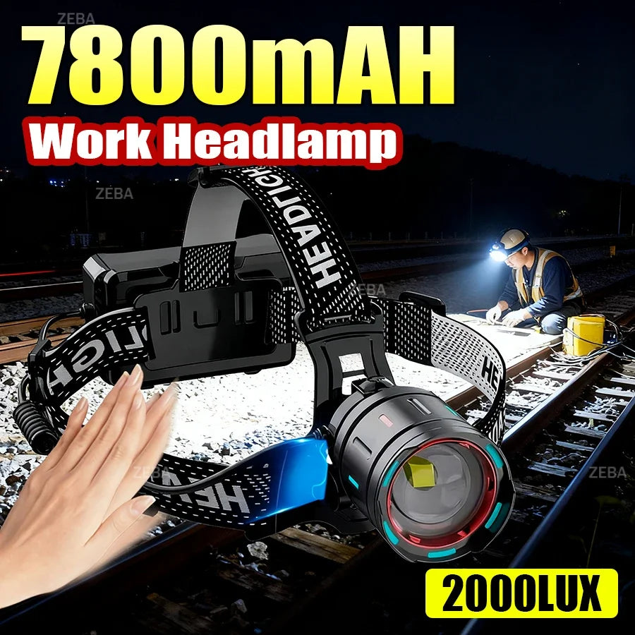 High Power LED Headlamp 7800mAH Rechargeable Headlights Outdoor Sensing Headlamp Zoom Head Torch for fishing Camping lighting