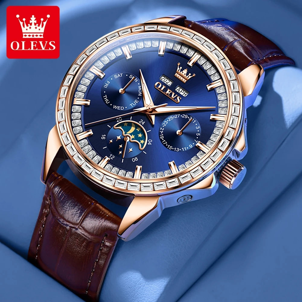 OLEVS 6695 NEW Men's Watches Full Diamond Multifunctional Dial Blue Leather Strap Calendar Week Moon Phase Waterproof Wristwatch