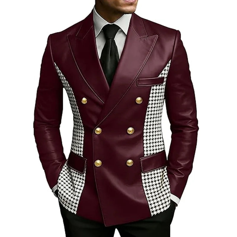 Men’s Brown Leather Blazer With Houndstooth Sides Vintage Two-Tone Double Breasted Slim Fit Gold Buttons Leather Tuxedo Jacket