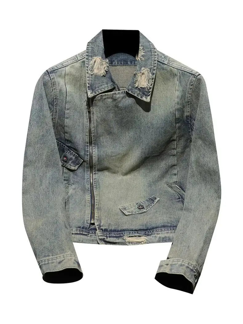 Men's Slim Fit Denim Jacket Autumn Winter Fashion Coat Trendy Diagonal Zipper Biker Jacket Turn-down Collar Jean Coat
