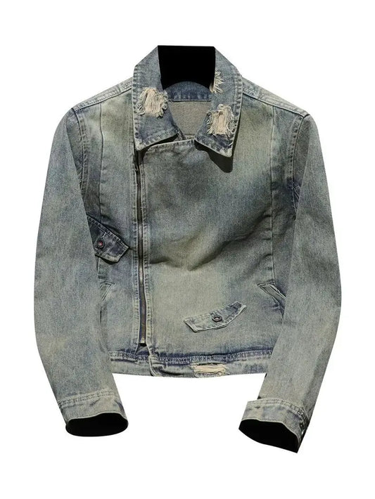 Men's Slim Fit Denim Jacket Autumn Winter Fashion Coat Trendy Diagonal Zipper Biker Jacket Turn-down Collar Jean Coat